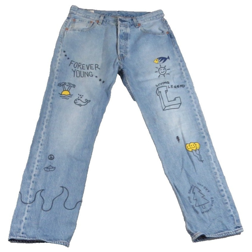 Levi Premium 501 93 Straight Blue Cotton Men W33 L30 Big E Doodle Graphic Legend